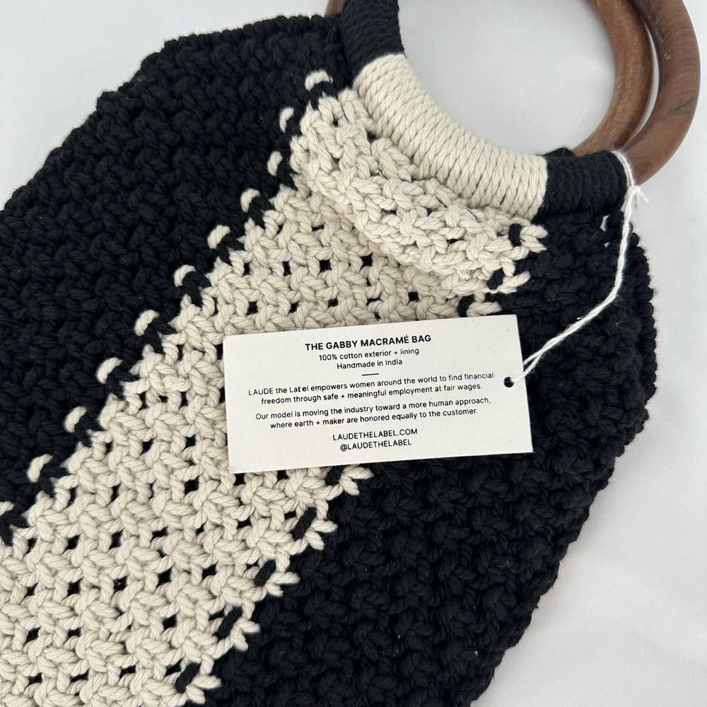 LAUDE THE LABEL Gabby Cotton‎ Macrame Bag Black & White Boho Coastal Resortwear - Picture 6 of 8